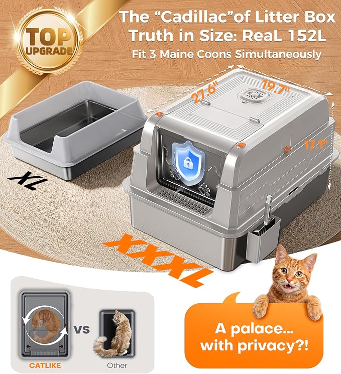 CATLIKE 2026 Upgrade 152L XXXL Stainless Steel Cat Litter Box - 3-Layer Urine Leak-Proof, Enclosed Design w/Charcoal Filter for Maine Coon & Multi-Cat Homes, Includes Metal Scoop & Mat