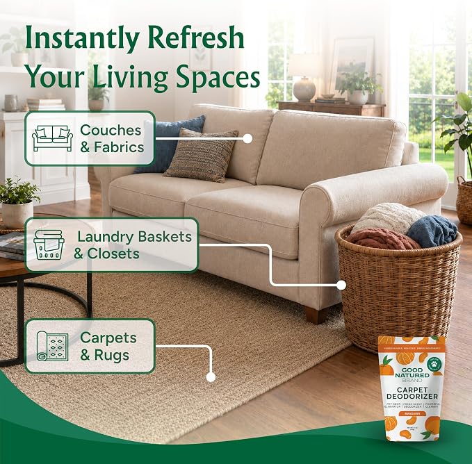 Good Natured Brand | Carpet Deodorizer & Freshener Powder | 31 oz Pet Odor Eliminator for Strong Odor & Pet Urine | Fresh Natural Mandarin Scent | Safe for Homes with Pets