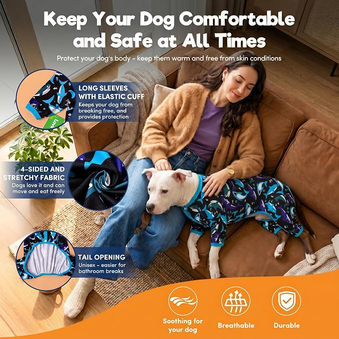 LovinPet Dog Pitbull Clothes for Dogs - Pet Anxiety Relief, Anti-Shedding Dog Pajamas, Lightweight Stretchy Fabric, Whale Hello There White Print, Pitbull Pajamas, Pitbull Clothes All Season /3XL