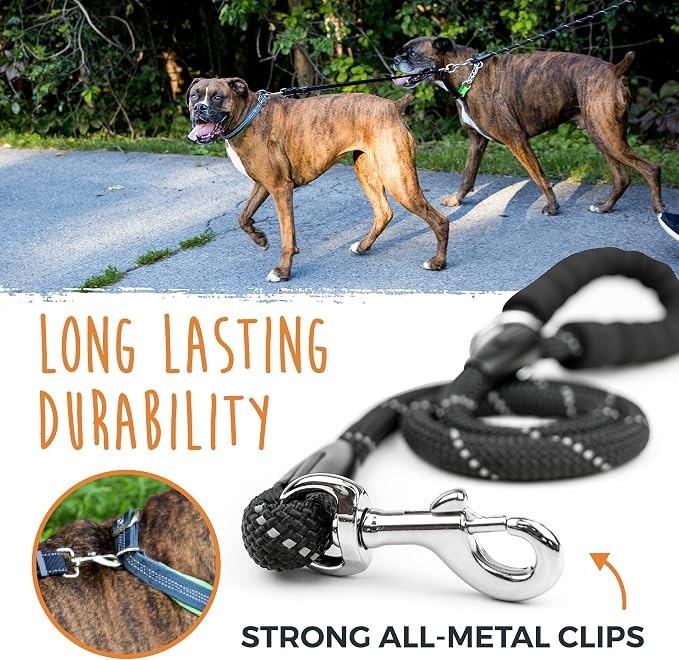 Mighty Paw Double Dog Leash with Rope Handle - Double Leash for Two Dogs No Tangle Design. Split Lead for 2 Pets. Adjustable to Fit All Sized Breeds. Reflective Dual Pet Lead for People with 2 Pups