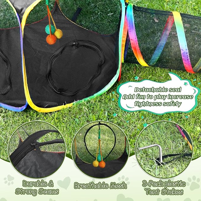 CypherX Outdoor Rainbow Cat Enclosure, 5 in 1 Portable Cat Tents for Outside Cage Free Outside Pet Enclosure Cat Tunnel Outdoor Playground for Indoor Cats and Small Animals