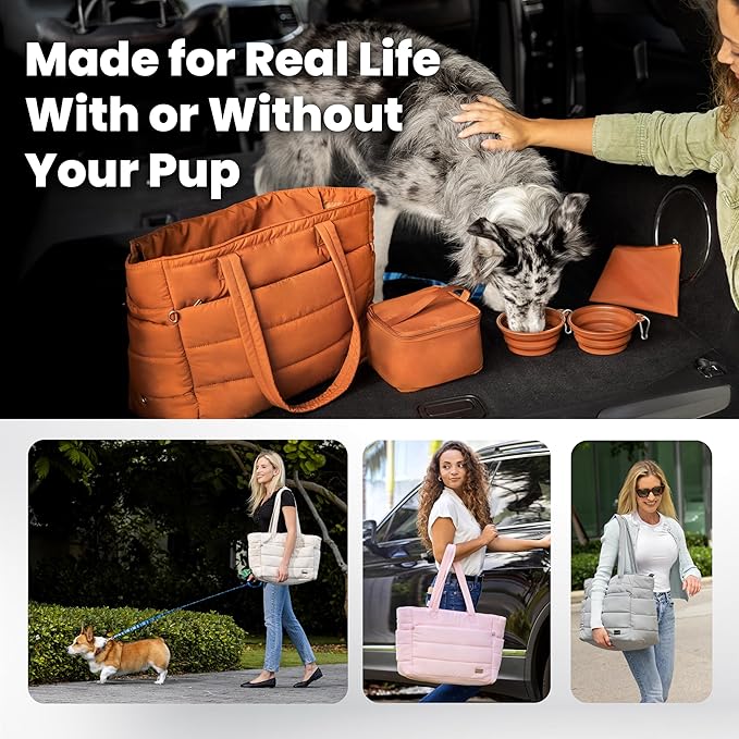 Rubyloo Puffer Dog Travel Bag for Dog Moms, Diaper Bag with Travel Bowls | 2 BPA-Free Collapsible Bowls, 2 Pet Food Containers, 9 Pockets, Everyday Puffer Bag Works With or Without Your Dog, Rust