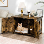 Shintenchi Cat Litter Box Enclosure, Litter Box Furniture Cabinet Hidden with Removable Divider, Wooden Cat House with End Table, Brown, 31.5 inch