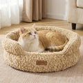 FUKUMARU Round Cat Bed, Plush Washable Calming Dog Bed with Low Entry | Raised Bolster Small Dog Bed, Soft Cozy Donut Cat Bed for Indoor Cats, Faux Rabbit Fur & Anti-Slip Bottom, 20 Inch, Camel