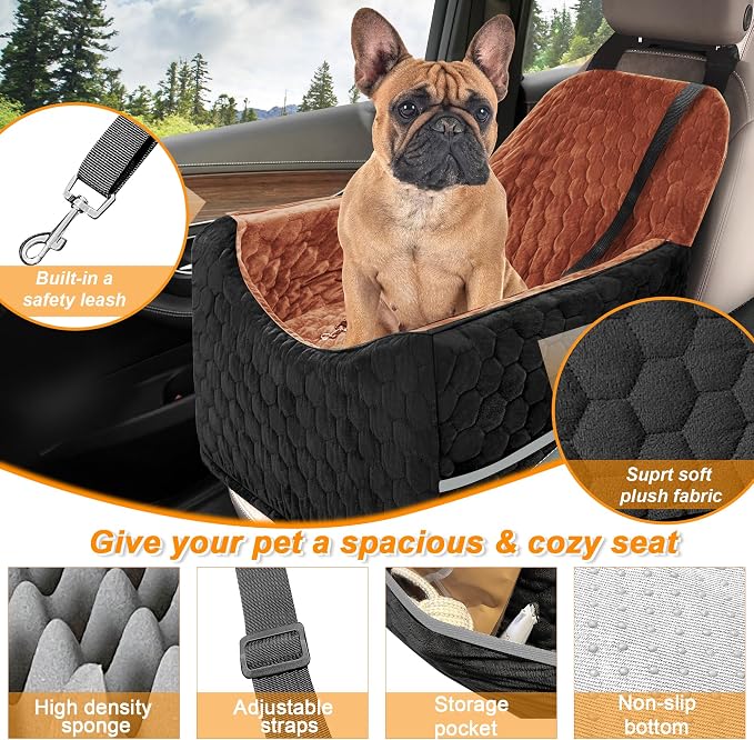 Dog Car Seat for Small/Medium Dogs, Memory Foam Dog Booster Seat, Travel Safety Per Car Seat with Washable Removable Cover, Storage Pockets for Dogs up to 35 lbs (Black/Red Brown, Small)