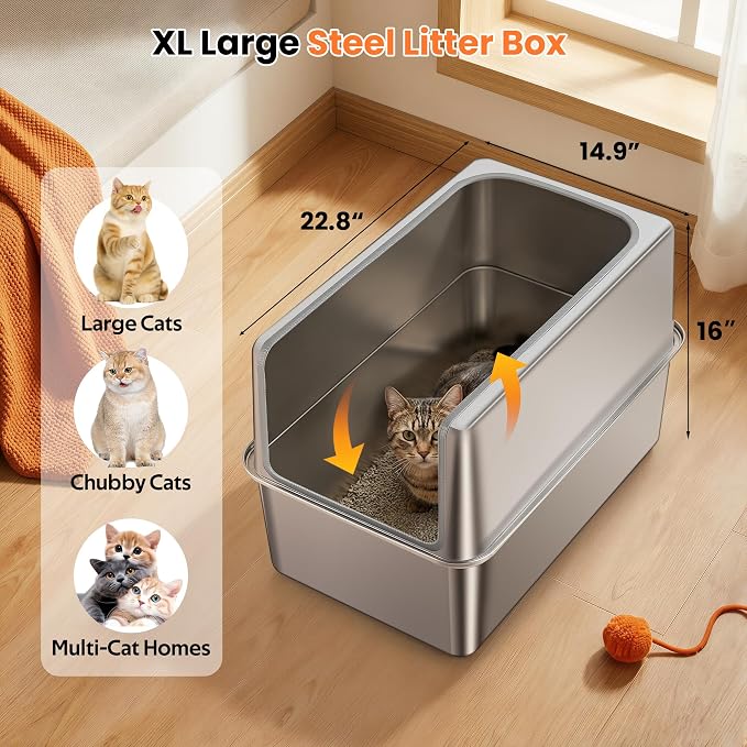Stainless Steel Litter Box with Metal Lid and Scoop - Enclosed Metal Litter Box for Large Cats, Rust-Resistant, Odor-Control, Easy to Clean, Durable & Long-Lasting with Round Edge (XXL-)