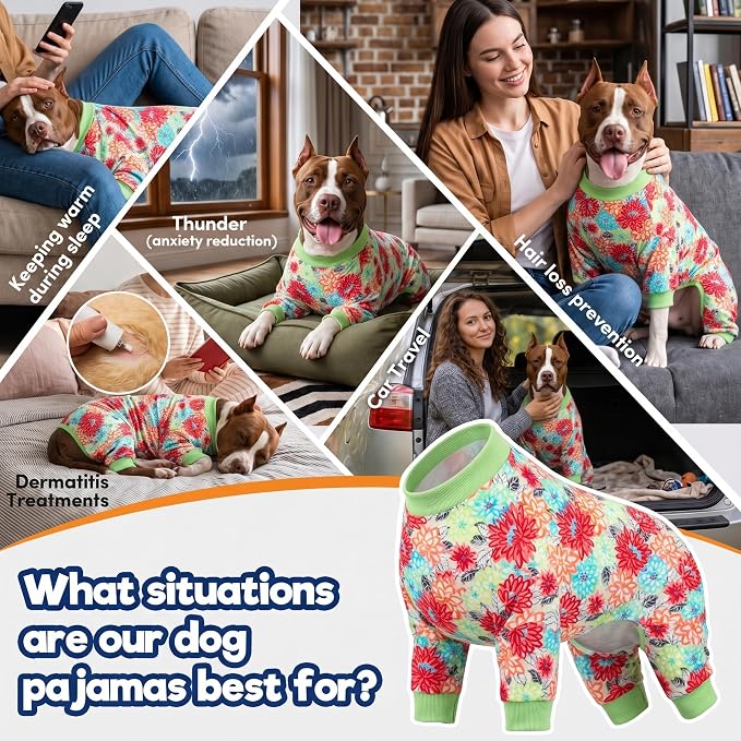 LovinPet Dog PJS Bodysuit for Large Dogs, Pet Pajamas for Dogs, Anti Licking & Anxiety Calming Dog Shirt, Lightweight Stretchy Fabric, Watermelon & Flowers Print, Pitbull Clothes, 2XL