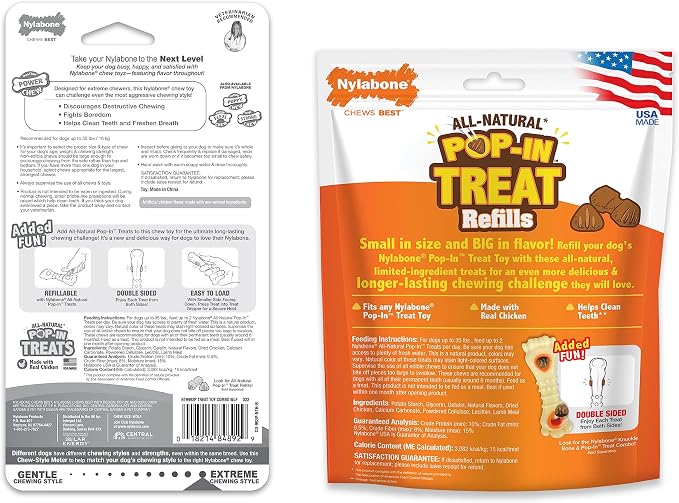 Nylabone Power Chew Knuckle Bone & Pop-in Dog Treat Toy & 30 Treat Refills | Medium breeds, chicken flavor, all-natural treats, dog enrichment, interactive dog toys to keep them busy, dogs up to 35 lbs