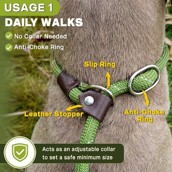 Fida Slip Leads for Dogs, 4 FT x 1/2" Dog Leash Heavy Duty Comfortable Strong Rope Lead for Large, Medium Dogs, No Pull Pet Training Leash with Highly Reflective,Green