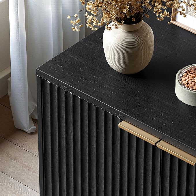 Evermagin 31.5" Cat Litter Box Enclosure Furniture | Black Hidden Litter Box Cabinet, Modern Indoor Cat House, Fluted Kitty End Table for Living Room, Bedroom, Entryway