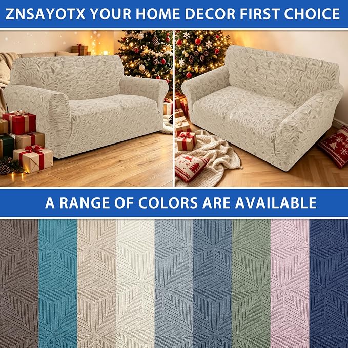 ZNSAYOTX Stretch Couch Cover, 1 Piece Sofa Covers for 2 Cushion Couch, Jacquard Loveseat Slipcovers with Elastic Bottom Thickened Furniture Protector for Dog Cat Pet (Medium, Khaki)