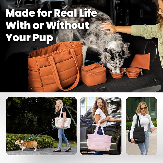 Rubyloo Puffer Dog Travel Bag for Dog Moms, Diaper Bag with Travel Bowls | 2 BPA-Free Collapsible Bowls, 2 Pet Food Containers, 9 Pockets, Everyday Puffer Bag Works With or Without Your Dog, Black