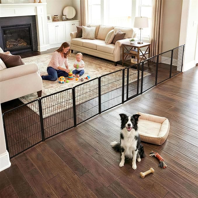 FXW Dog Gate, Extra Wide Adjustable for Openings Up to 219", 32" H | Flexible Space Control, Easy Walk-Through Access, 7 Panels + 1 Gate, For Small & Medium Dogs, Garage Use