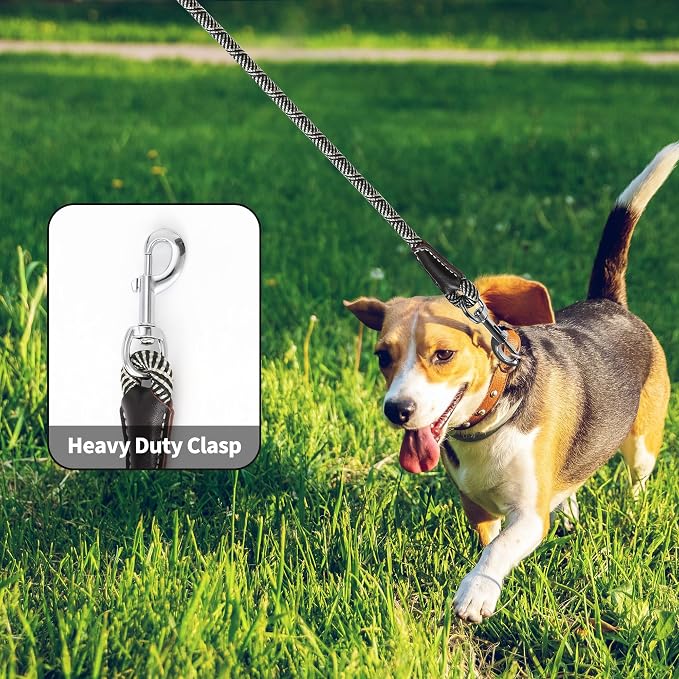 Mile High Life Dog Leash with Genuine Leather Handle, 4/5/6 FT | Comfortable Leather Grip Rope Leash, Heavy Duty 360° Swivel Metal Clasp, for Small Medium & Large Dogs (Khaki White, 60 Inch)