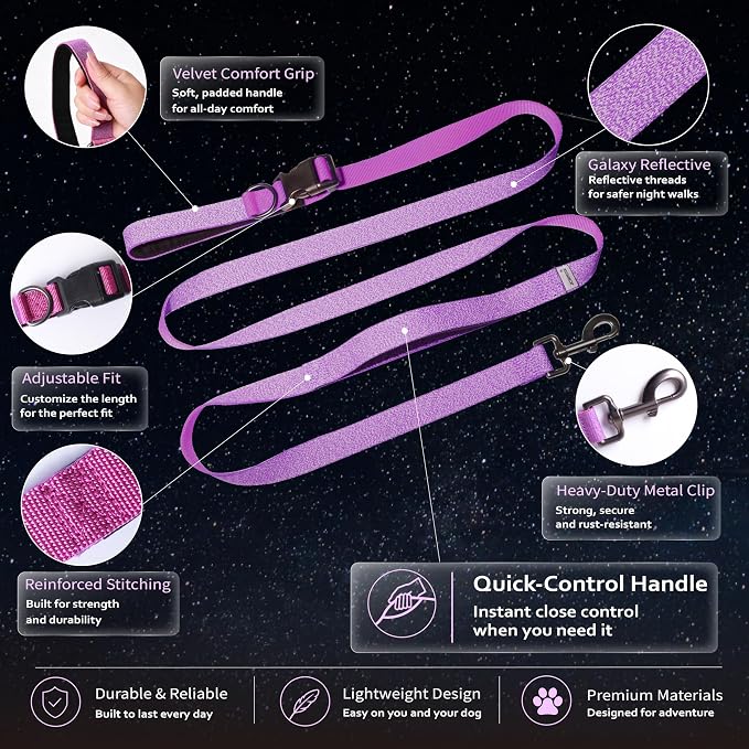 Hands Free Dog Leash,Galaxy Reflective, Crossbody Dog Leash,Purple | Galaxy Reflective • Crossbody Carry • Soft Velvet Handles • Everyday Comfort