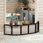 PUPETPO Freestanding Pet Gate for Dogs, Foldable Wooden Dog Gate for House, Extra Wide Indoor Pet Barrier for Stair, Doorway, Hall, Support Feet Included, 120 Inch Wide, 6 Panels 24", Brown