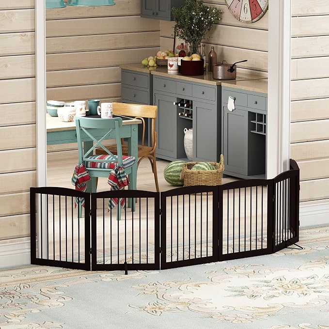 PUPETPO Freestanding Pet Gate for Dogs, Foldable Wooden Dog Gate for House, Extra Wide Indoor Pet Barrier for Stair, Doorway, Hall, Support Feet Included, 120 Inch Wide, 6 Panels 24", Brown