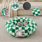 Cute Round Cat Tunnel for Indoor Cats, Green/White | Peekaboo Cat Cave with Dangling Balls, Checkered Pet Donut Tunnel Bed with Circle Mat for Puppy Kitten Rabbit