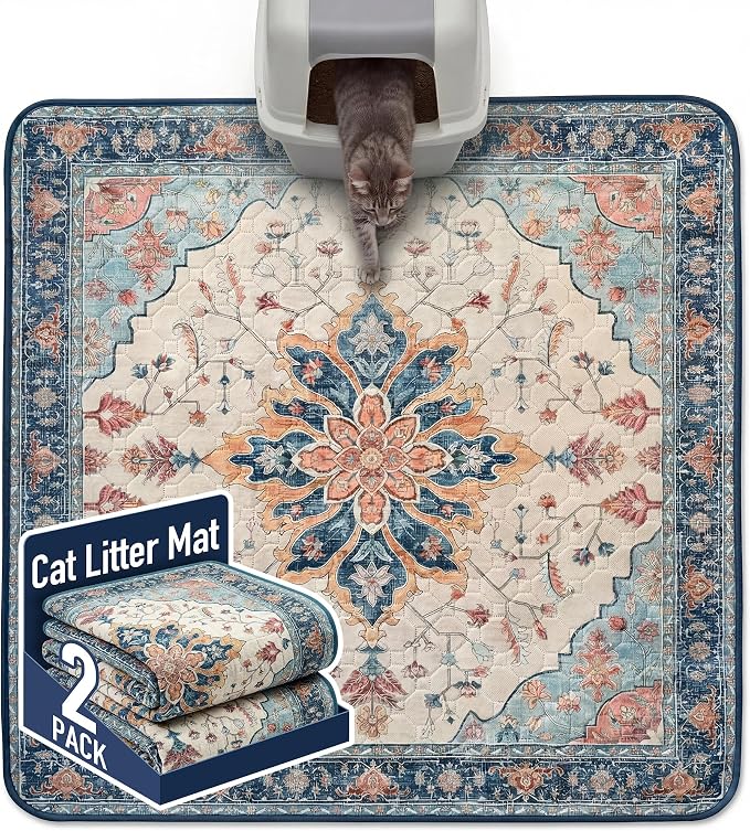Hompet Cat Litter Mat 2 Pack, 54x54 Large Machine Washable Trapping Mats for Cats, Super Absorbent & Urine-Proof Cat Litter Box Mat for Floor, Waterproof & Non Slip Kitty Litter Rug