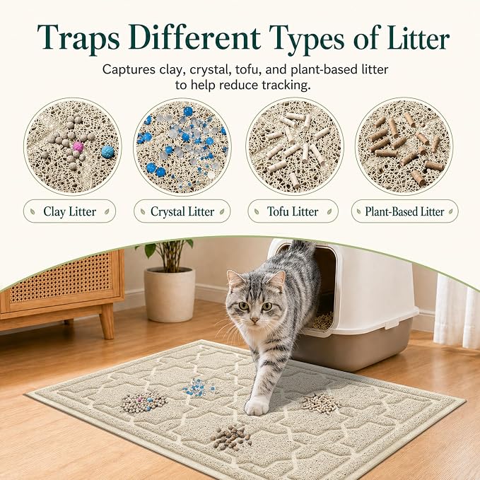 Yimobra Cat Litter Mat, Easy Clean Trapping PVC Mat, 35.4" x 23.6", Waterproof Backing, Non Slip Bottom, Scatter Control Pad for Litter Box, Beige