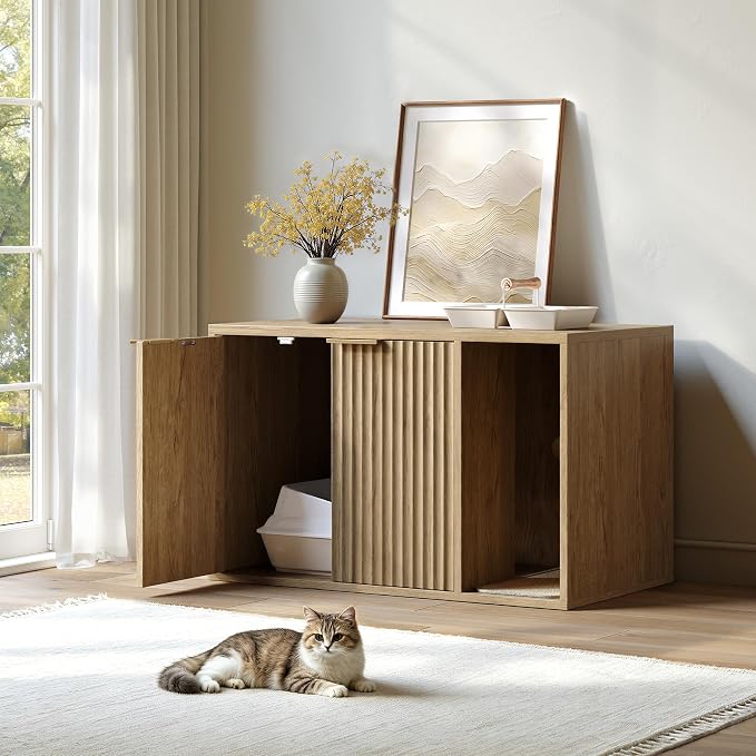 Evermagin 31.5" Cat Litter Box Enclosure Furniture with Cat Scratch Pad | Oak Hidden Litter Box Cabinet, Modern Indoor Cat House, Large Fluted Kitty End Table for Living Room, Bedroom, Entryway