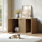 Evermagin 31.5" Cat Litter Box Enclosure Furniture with Cat Scratch Pad | Oak Hidden Litter Box Cabinet, Modern Indoor Cat House, Large Fluted Kitty End Table for Living Room, Bedroom, Entryway
