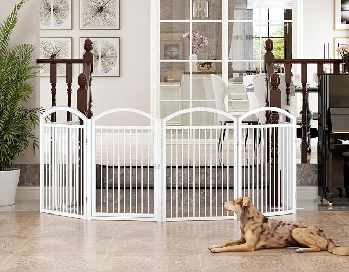 Folding Pet Fence 144" Wide, 32" Tall,Freestanding Dog Gate with Door,White | 6 Panels No-Assembly Metal Pet Fence Walk Through,Extra Accordion Puppy Folding Playpen for Doorways, Stairs,House