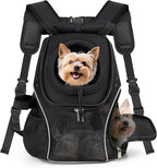 WOYYHO Pet Dog Carrier Backpack with Windows, Ventilated Small Dog Backpack | Breathable Top & Side Windows, Safety Belt, Storage Pockets, Small Dog Front Backpack, for Travel Hiking Outdoor, Black2.0, L