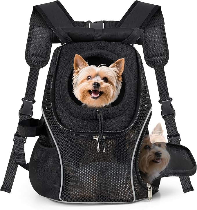 WOYYHO Pet Dog Carrier Backpack with Windows, Ventilated Small Dog Backpack | Breathable Top & Side Windows, Safety Belt, Storage Pockets, Small Dog Front Backpack, for Travel Hiking Outdoor, Black2.0, L