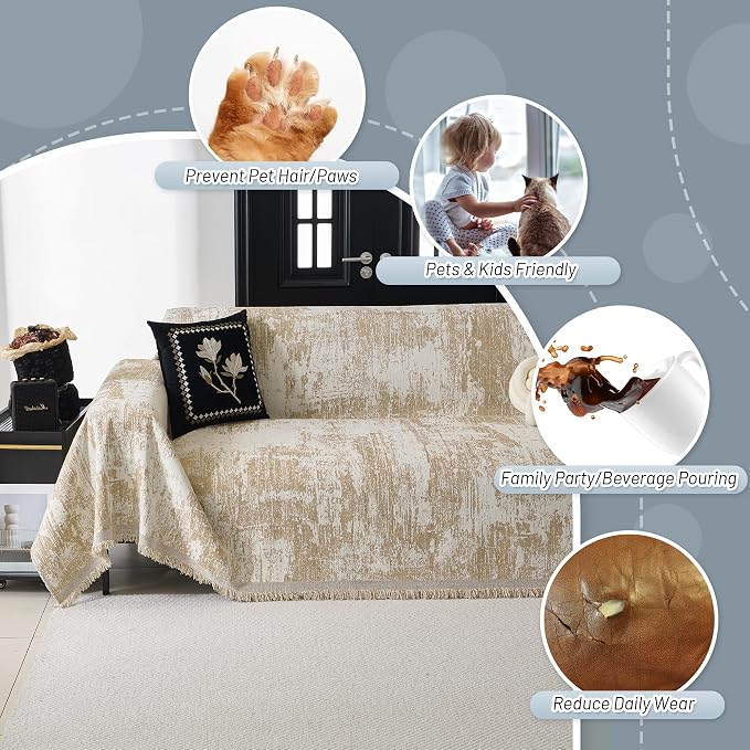 MYSKY HOME Couch Cover for Dogs Washable Couch Sofa Protector for Loveseat Sofa with Cats Pets Friendly Chenille Khaki Abstract Geometric Sofa Covers Soft Durable Farmhouse Sofa Slipcovers, 91" X118"