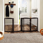 PUPETPO Freestanding Dog Gates with Door Walk Through, 80 inch Wide Gates Indoor, Dog Fences Indoor, Support Feet Included, 4 Panels, 32" Tall, Dark Brown