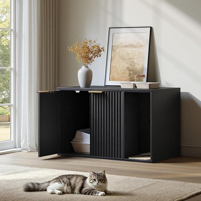 Evermagin 31.5" Cat Litter Box Enclosure Furniture with Cat Scratch Pad | Black Hidden Litter Box Cabinet, Modern Indoor Cat House, Large Fluted Kitty End Table for Living Room, Bedroom, Entryway