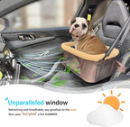 ROODO Dog Car Booster Seat with Safety Leash and Foldable Metal Frame for Small Pets up to 20 lbs Height-Adjustable Portable Puppy/Cat Car Seats with Plush Thick Cushion Mesh Window(Khaki)