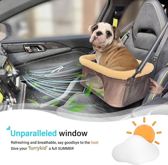 ROODO Dog Car Booster Seat with Safety Leash and Foldable Metal Frame for Small Pets up to 20 lbs Height-Adjustable Portable Puppy/Cat Car Seats with Plush Thick Cushion Mesh Window(Khaki)