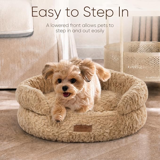 FUKUMARU Round Cat Bed, Plush Washable Calming Dog Bed with Low Entry | Raised Bolster Small Dog Bed, Soft Cozy Donut Cat Bed for Indoor Cats, Faux Rabbit Fur & Anti-Slip Bottom, 20 Inch, Camel