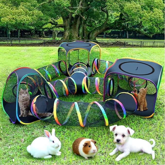 CypherX Outdoor Cat Enclosure, Portable Cat Tent with Tunnel Popup Catio | 7-in-1 modular design: 3 tents, 9.8" wide tunnels, scratch balls & storage bag. Durable setup for small animals & cats.