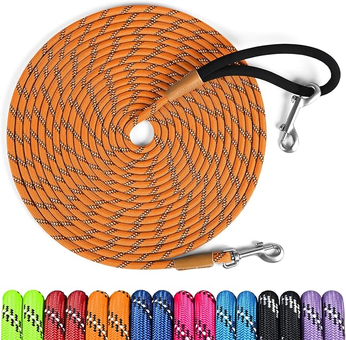 lynxking Long Dog Leash Reflective 15ft 30ft 50ft Check Cord Training Lead Padded Handle Heavy Duty Rope for Puppy Small Medium Large Dogs (Orange, 30ft x 3/8inch)