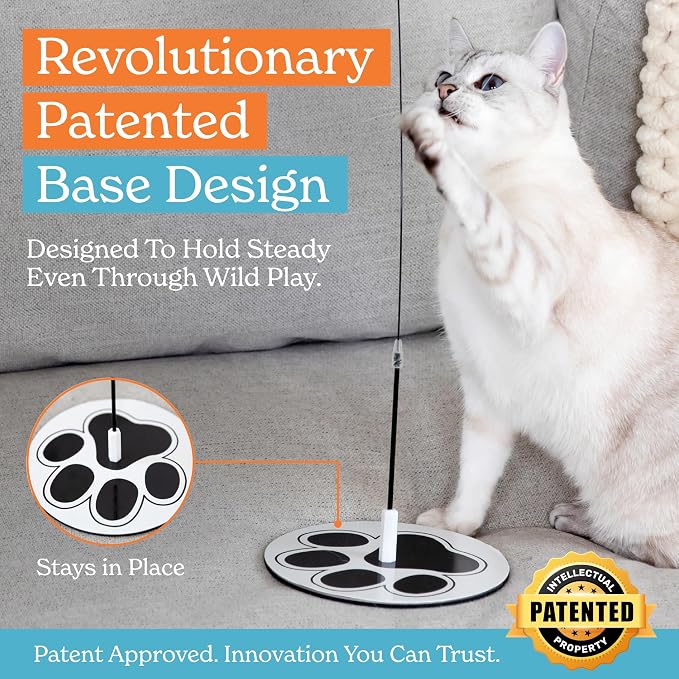 Cat Toys for Indoor Cats, Interactive Cat Toy Wand, Kitten Stuff, 9 Lures | 3 Play Modes! Set The No-topple Base On A Couch, Attach The Dual Suction Base, Or Use The Handheld Fishing Pole Wand.