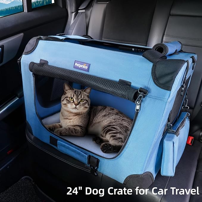 Petprsco Portable Collapsible Dog Crate, 24" Soft Dog Crate for Car Travel | Small Dog Crate Kennel 24”*17”*17” with Soft Blanket and Foldable Bowl for Large Cats & Small Dogs Indoor and Outdoor Use