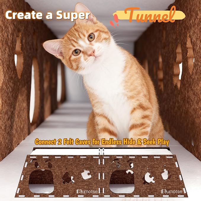 Cat Tunnel House for Indoor Cats, 3-in-1 Felt Cave and Scratcher | Fits 12–22 lb pets, reinforced top supports lounging, joins two units into a 47-inch play zone, includes two catnip bell toys