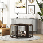 PAWLAND Dog Gate Indoor with Walk Through Door, Foldable Free Standing Pet Gate for Doorways, Stairs, the Houes, Pet Puppy Safety Fence, 120 in Extra Wide, 6 Panels, Support Feet Included, Espresso
