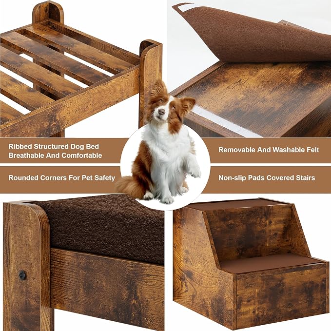 Large Dog Window Perch with 2-Tier Stairs,Sturdy Wood Frame, Rustic Brown | SogesPet Indoor Pet Perch with Steps to Look Out Window, for Cats Dogs, Non-Slip Removable Soft Pads, Max Load 66lbs