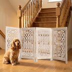 Lightnpro 4-Panel Carved Wooden Dog Gate with Stopper – 72 Inch Extra-Wide Foldable Freestanding Pet Barrier, White Wash Indoor Safety Fence for Small Dogs & Puppies – 24x18 Inch Panels