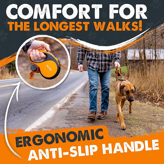 Mighty Paw Retractable Dog Leash with Poop Bag Holder, 16 Ft | Quick-Lock Brake, For Pets Up To 50 Lbs, Stainless Steel Coil, Reflective Nylon Tape, Tangle-Free Swivel Clip