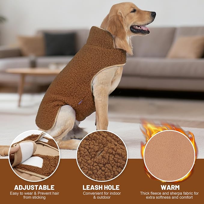 cyeollo Warm Dog Coat Fleece Sherpa Winter Sweater Coats, Turtleneck Dog Jacket Vest for Medium Large Big Dogs with Leash Hole, Soft Reversible Pet Coats for Cold Weather, Brown, XXXL