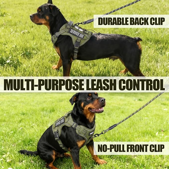 Service Dog Tactical Vest Harness and Leash Set Large Sized Dog Emotional Support- Tactical Dog Harness Training Collar with Name (Army Green, S)