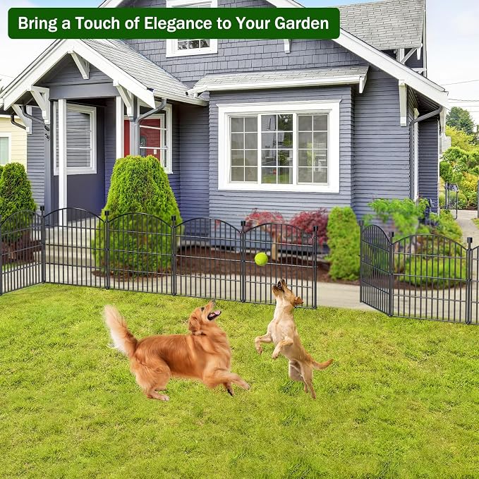 10 Panel No Dig Decorative Garden Fence with Gate 24" H x 20'L Dog Barrier | Rustproof welded steel with lock gate, deep stakes for yards, patios. Modular design contains pets, rabbits, small animals.