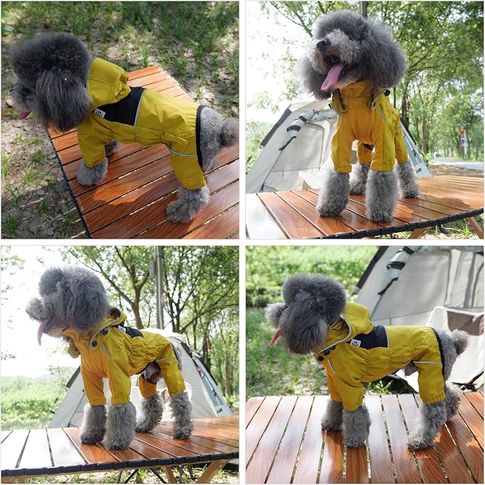 LOVELONGLONG Waterproof Dog Raincoat with Removable Hood – Outdoor Full Body Dog Jacket, Windproof Snowproof Shell Suit – All Season Pet Rain Gear Mustard Yellow XXS