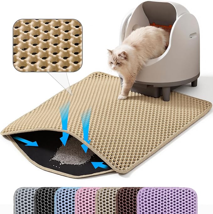 Extra Large Cat Litter Mat XXL, Double Layer Honeycomb, Beige | 46x26”, Reduces Litter Tracking, Easy to Clean, Waterproof, Non-Slip, Soft on Paws, Scratch Resistant, Beige, XXL