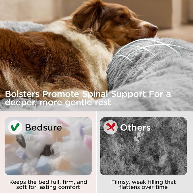 Bedsure SupportMax™ Calming Dog Bed Medium Size Dog Washable Pet Bed,30in | 420GSM Plush Fluffy Faux Fur Donut Round,Thick Supportive,Removable Cover,Anti-Slip,Anti-Anxiety,Up to 45 Lbs,Quiet Gray